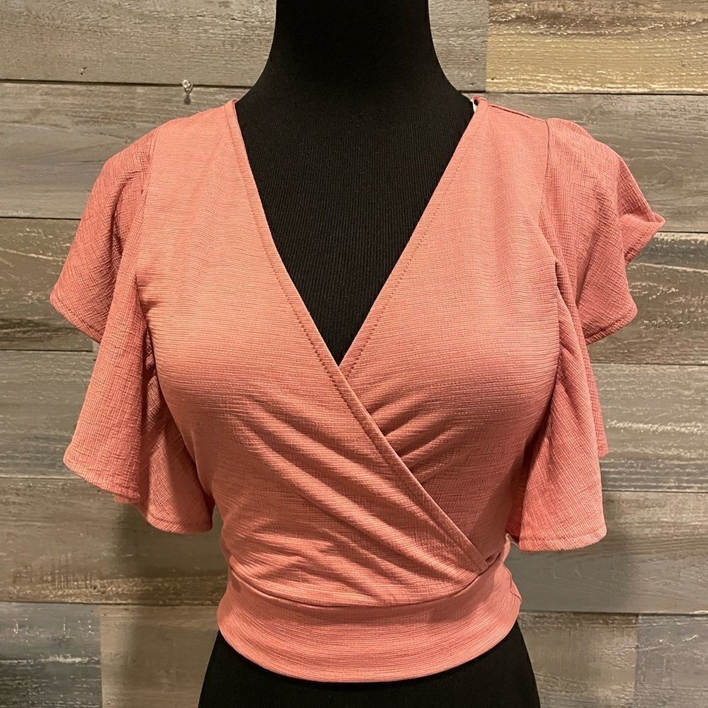 One Clothing blush wrap style right fit crop top with flutter sleeves XS